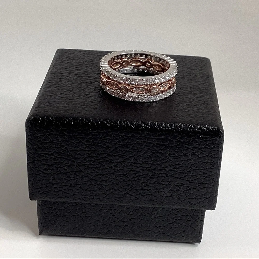 Sizes 4-10, 3 Pc Two Tone .925 Cz Eternity Band Ring Set - Picture 13 of 16